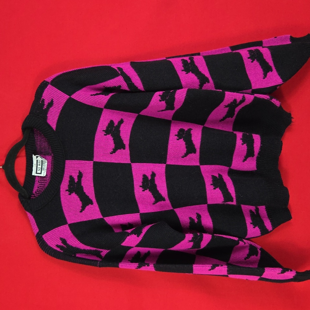 VINTAGE‎ Checkered Dog Sweater Fuchsia Black Womens Size Medium